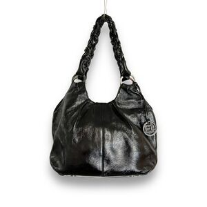 Elliot Lucca Black Patent Leather Double Braided Handle Boho Shoulder Bag Purse